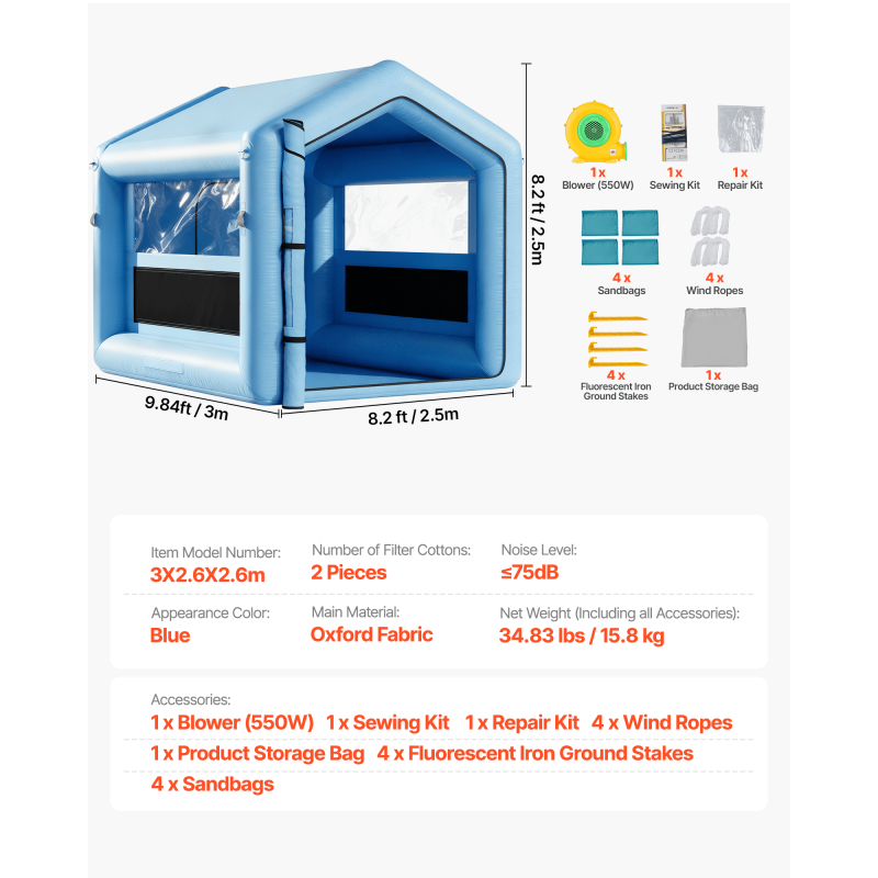 Täytettävä maalausteltta 3 x 2,5 x 2,5 m Oxford-kangas 550W puhallin ilmansuodatus