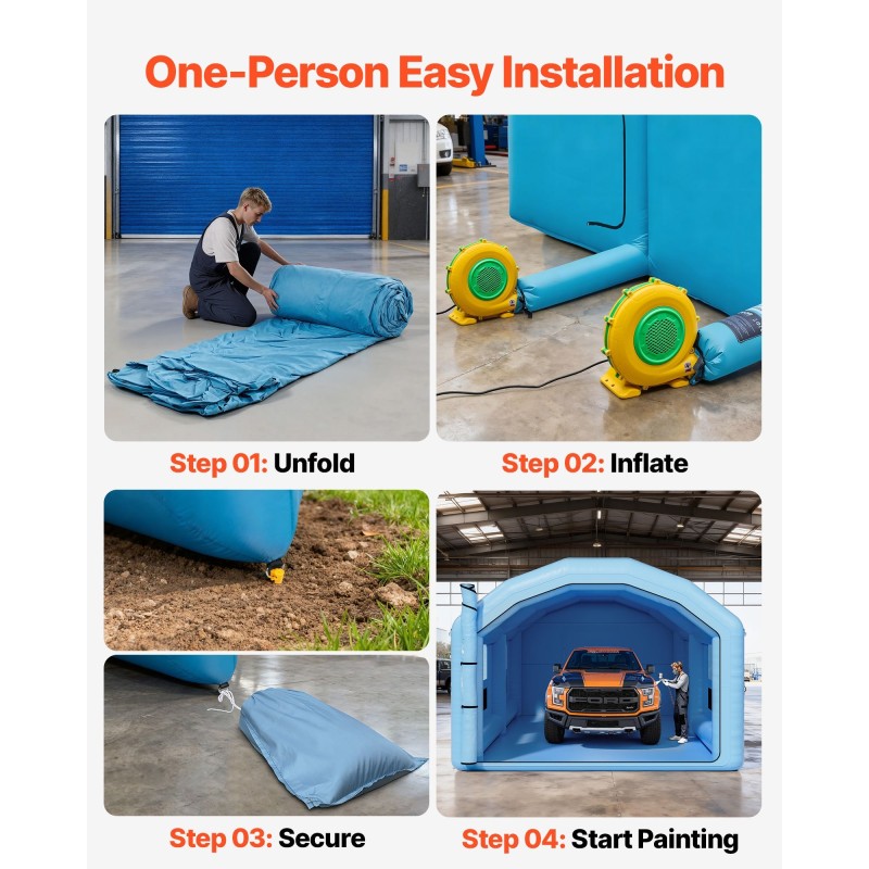 Puhallettava maalausteltta Oxford-kankaasta 10x6x4 m 950W ja 1100W puhaltimilla ilmansuodatusjärjestelmällä