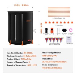 Taitettava sadevesisäiliö 250 l 1000D PVC ylivuotoliitännällä ja hanalla puutarhan kasteluun