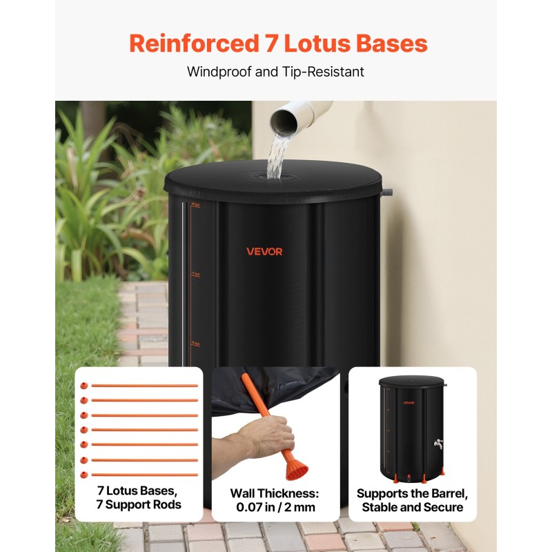 Taitettava sadevesitynnyri 380-litrainen 1000D PVC-materiaalinen musta hana ja mittaputki