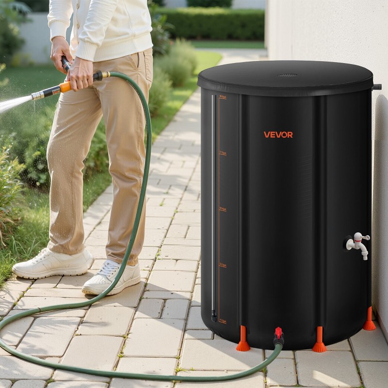 Taitettava sadevesitynnyri 380-litrainen 1000D PVC-materiaalinen musta hana ja mittaputki