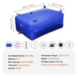 Taitettava PVC vesisäiliö 400 L 1000D 0,9 mm sadeveden varastointiin