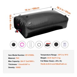 Taitettava PVC-muovinen vesisäiliö 1000 l musta kannettava ei-juomakelpoinen