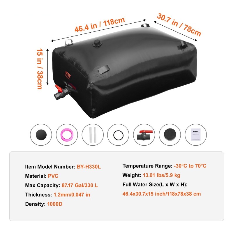 Taitettava vesipussi 330 l PVC-materiaali 1,2 mm sadeveden keräykseen