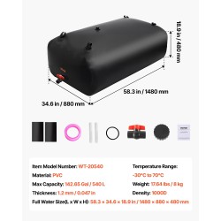 Taittuva vesivarastosäiliö 540L 1000D kaksikerroksinen PVC-muovi 1,2 mm puutarhaan leirintään hätäkäyttöön