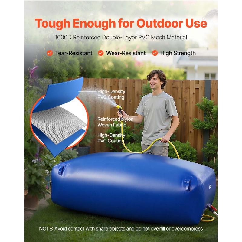 Pussimallinen PVC-muovinen vesipussi 1000 l taitettava vuototiivis ulkokäyttöön