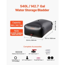 Pussimallinen vesisäiliö PVC-muovinen 540 l taitettava vuototiivis musta