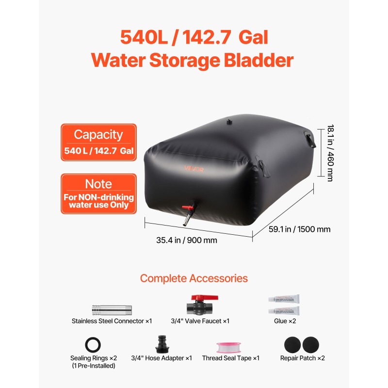 Pussimallinen vesisäiliö PVC-muovinen 540 l taitettava vuototiivis musta