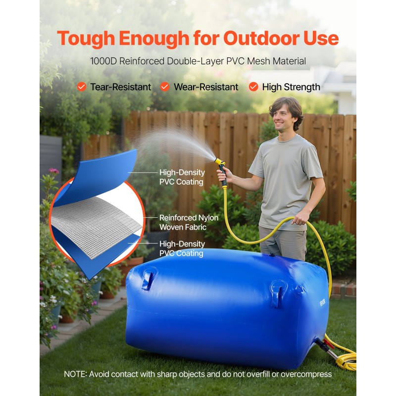 Säkkimallinen vesisäiliö 400 l PVC 1000D taittuva vuototiivis ruostumattomilla liittimillä