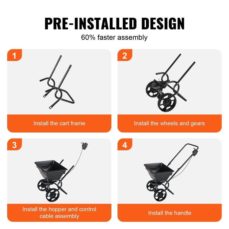 Kävelyä seuraava nurmikon levitin hiiliteräsrunko 15l 8-tuumaiset pyörät 30-portainen säätö