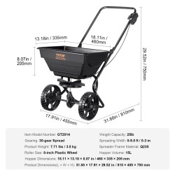 Kävelyä seuraava nurmikon levitin hiiliteräsrunko 15l 8-tuumaiset pyörät 30-portainen säätö