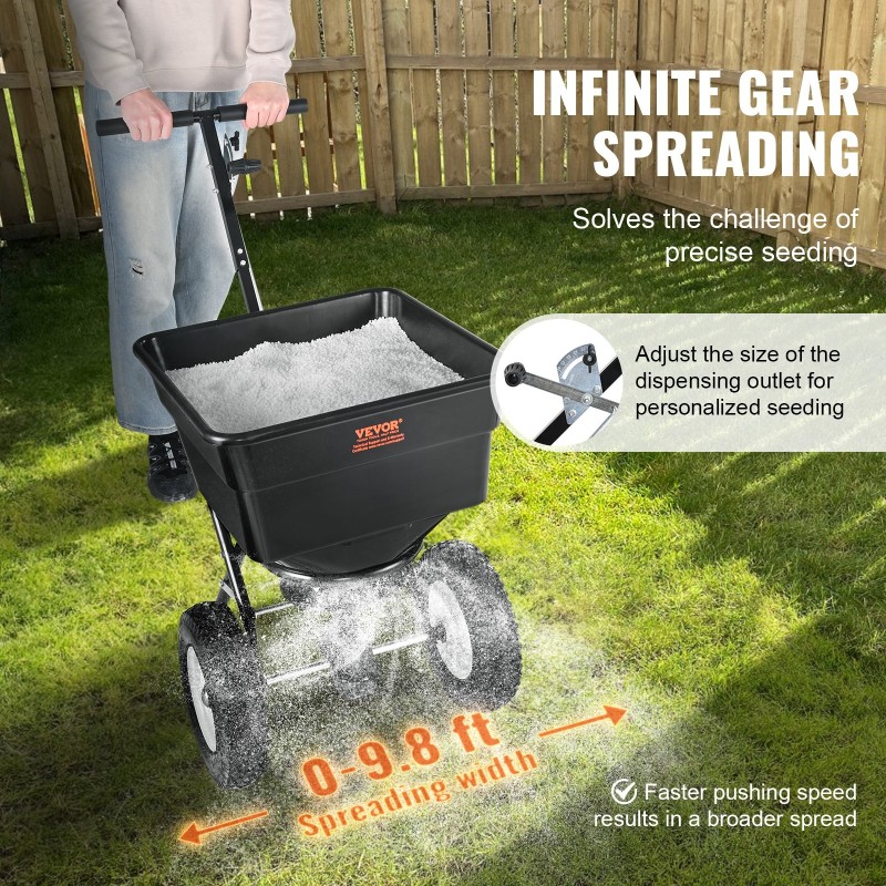 Työnnettävä levitin hiiliteräsrunko 56 l säiliö 45,4 kg kantavuus 30,5 cm pyörillä