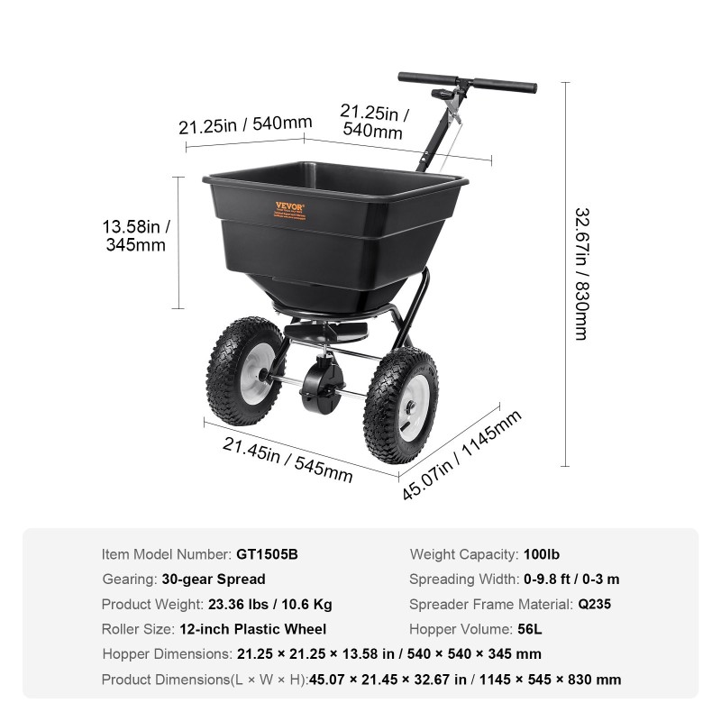 Työnnettävä levitin hiiliteräsrunko 56 l säiliö 45,4 kg kantavuus 30,5 cm pyörillä