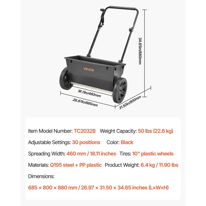 Pudotuslevitin 22,6 kg 460 mm levitysleveys 10 tuuman ilmakumirenkaat siemenille lannoitteille