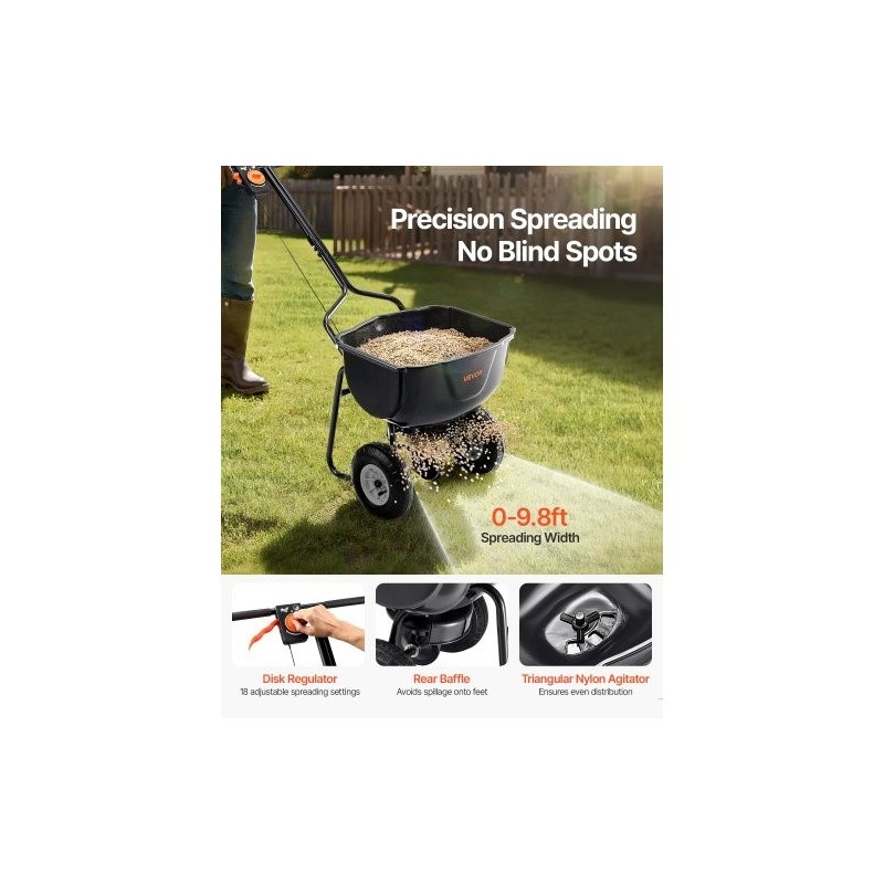 Käveltävä siemen- ja lannoitelevitin 27,2 kg säiliö 0–3 m 8 tuuman renkaat