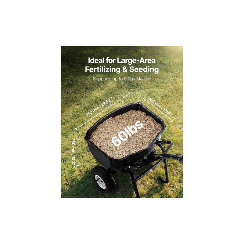 Käveltävä siemen- ja lannoitelevitin 27,2 kg säiliö 0–3 m 8 tuuman renkaat