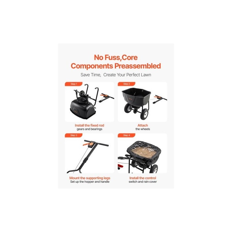 Käveltävä siemen- ja lannoitelevitin 27,2 kg säiliö 0–3 m 8 tuuman renkaat