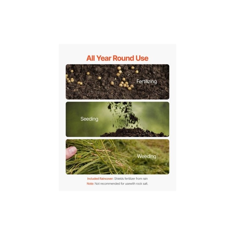 Käveltävä siemen- ja lannoitelevitin 27,2 kg säiliö 0–3 m 8 tuuman renkaat