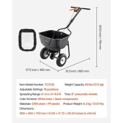 Käveltävä siemen- ja lannoitelevitin 27,2 kg säiliö 0–3 m 8 tuuman renkaat