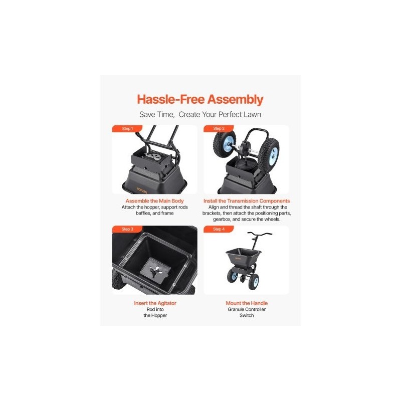 Työntömallinen sirottelija 45 kg kantavuus 0–3 metrin levitysleveys 13 tuumaiset ilmakumirenkaat