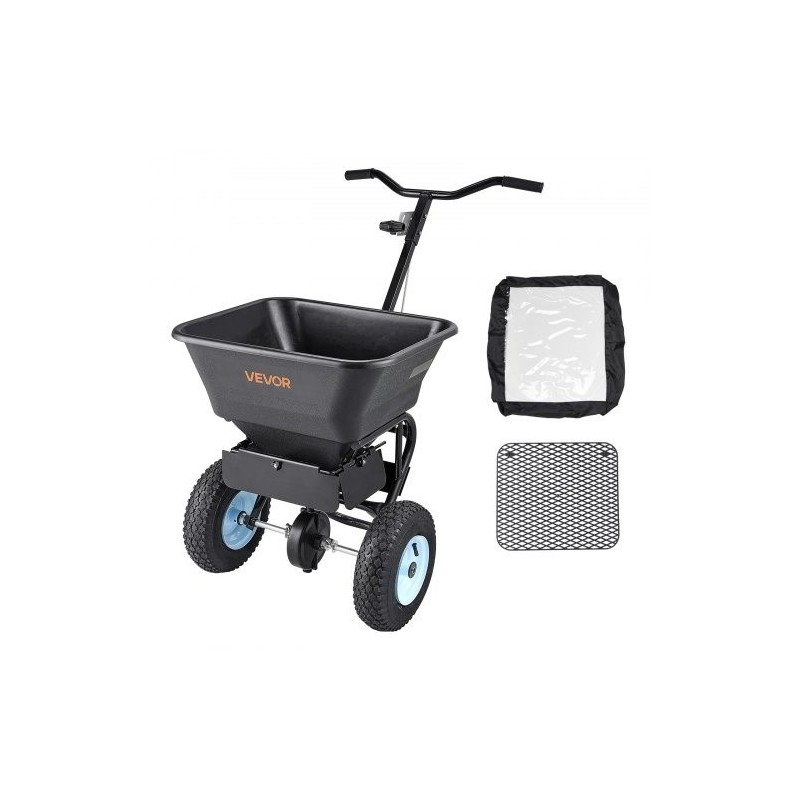 Työntömallinen sirottelija 45 kg kantavuus 0–3 metrin levitysleveys 13 tuumaiset ilmakumirenkaat