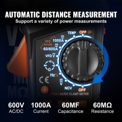 T-RMS digitaalinen pihdimittari vaihtovirta ja tasavirta 1000A 6000 lukemaa