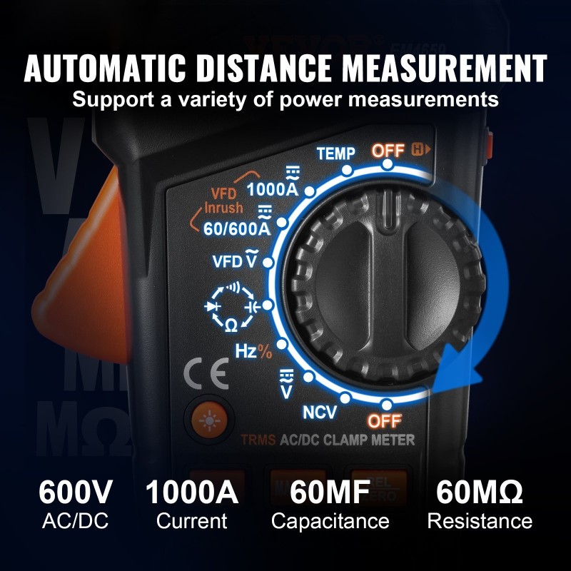 T-RMS digitaalinen pihdimittari vaihtovirta ja tasavirta 1000A 6000 lukemaa
