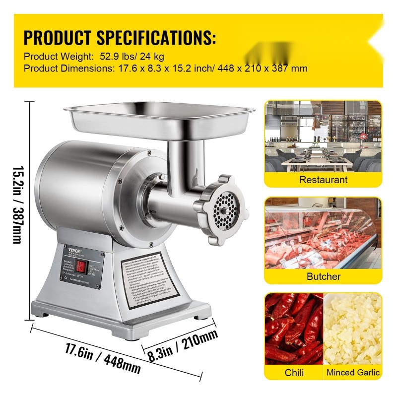 Sähköinen lihamylly ruostumaton teräs 1100 W 150 kg tunnissa kaksi reikäterää