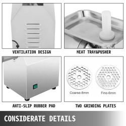Lihamylly sähköinen 850W ruostumaton teräs galvanoitu hiiliteräsrunko 122 kg tunnissa ammattikäyttöön
