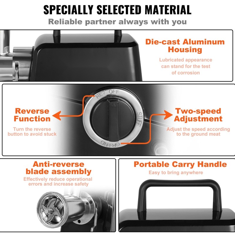 Sähköinen lihamylly valualumiinirunko 575 wattia 190 kilogrammaa tunnissa 2 terää 3 jauhatuslevyä