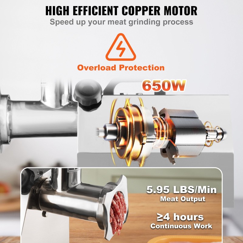 Sähköinen lihamylly 304-ruostumatonta terästä 650W 3,8 kg/min 3 jauhatuslevyä