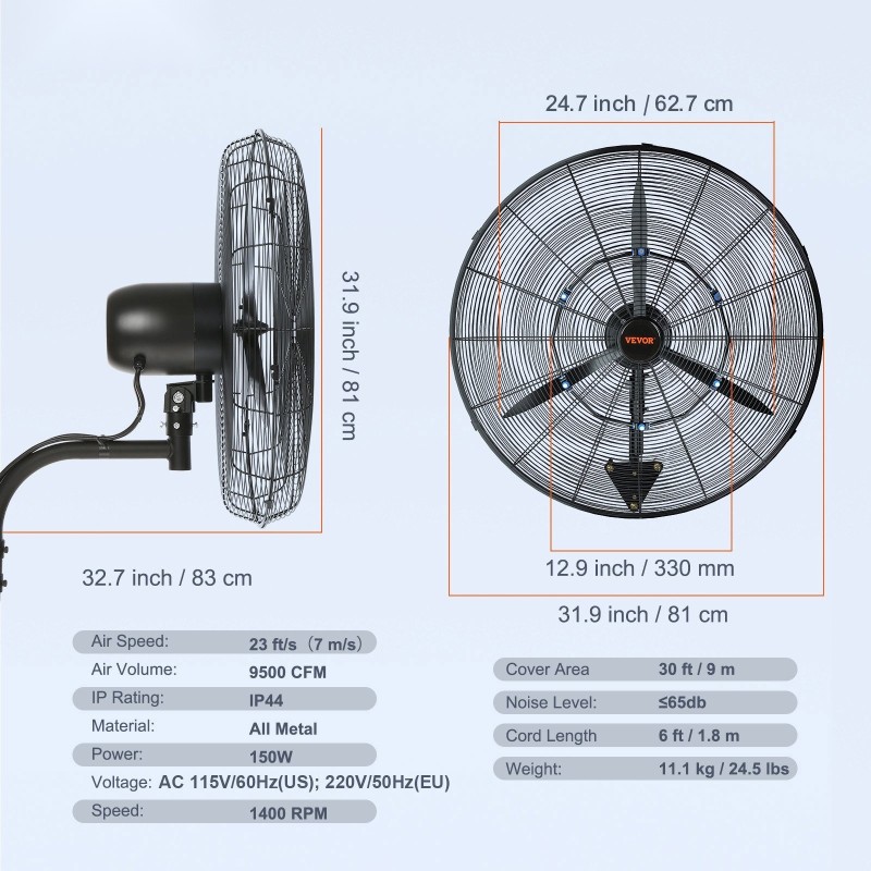 Sumutustuuletin 74,9 cm vedenkestävä täysmetallinen runko 3 nopeutta varastoihin ja kasvihuoneisiin