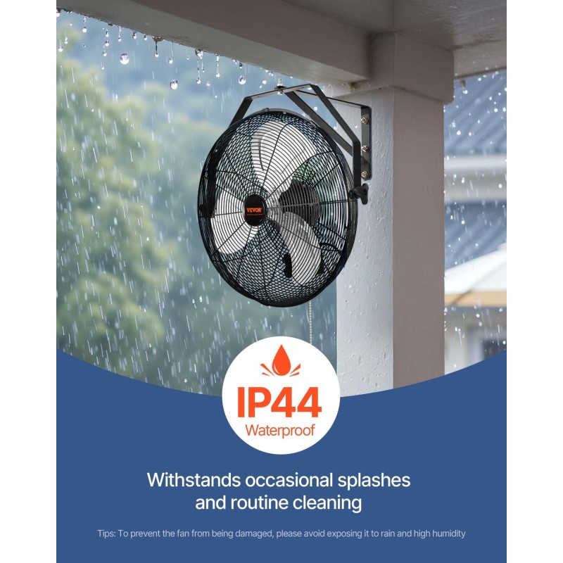 Seinäkiinnitteinen vesisuojattu 57 cm täysmetallinen tuuletin 3 nopeustasoa varastoihin ja kasvihuoneisiin