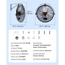 Seinäkiinnitteinen vesisuojattu 57 cm täysmetallinen tuuletin 3 nopeustasoa varastoihin ja kasvihuoneisiin