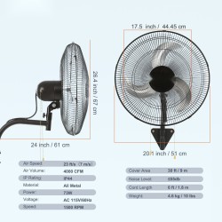 Seinäkiinnitteinen täysmetallinen tuuletin 44 senttimetrin 3 nopeutta musta kotiin ja teollisuuteen