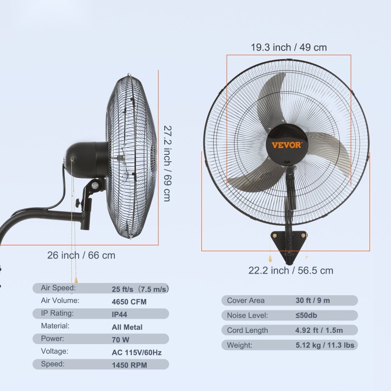 Seinäasennettava oskilloiva metallituuletin 49 senttimetrin lavalla kolmella nopeudella