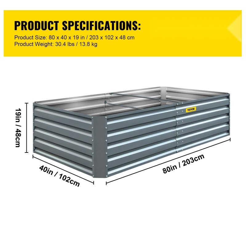 Korotettu kasvatuslaatikko sinkitty teräs avopohjallinen 203 x 102 x 48 cm