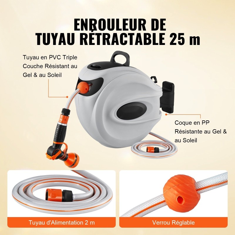 Seinään asennettava sisäänkelautuva letkukela 25 m 12 mm 180 asteen kääntyvällä kiinnikkeellä