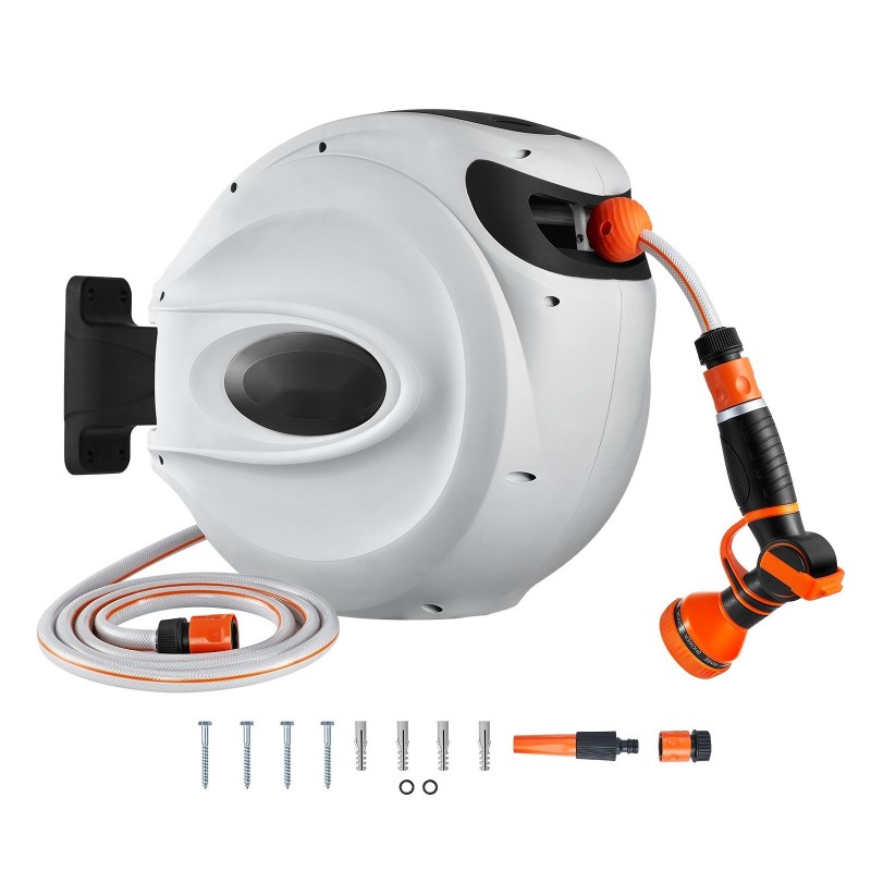 Seinään asennettava sisäänkelautuva letkukela 25 m 12 mm 180 asteen kääntyvällä kiinnikkeellä