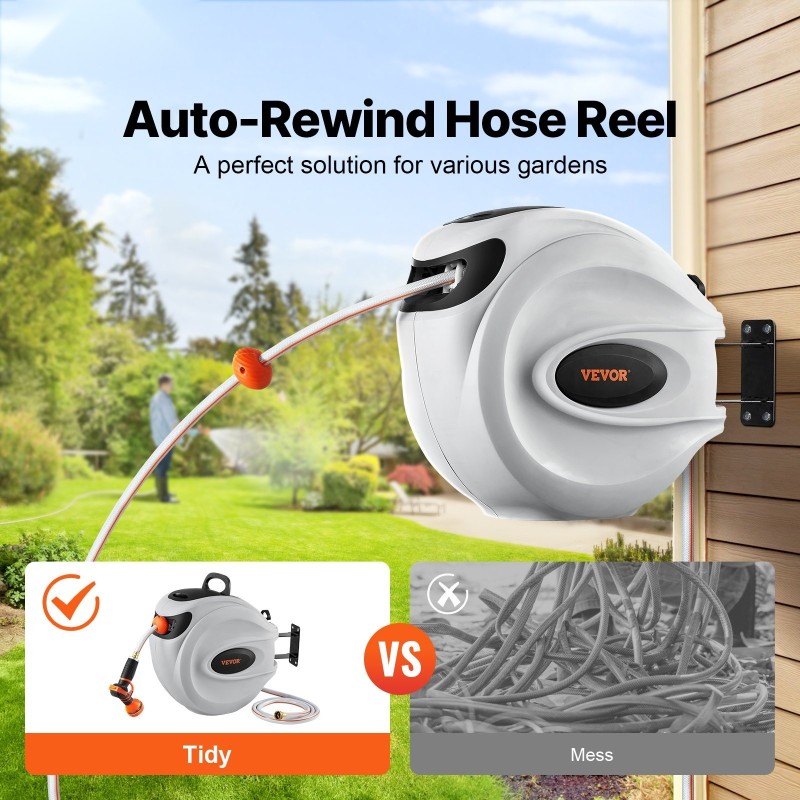 Puutarhaletkukela seinäkiinnitteinen sisäänkelaava 40 m 12 mm säätölukitus 9-asentoinen suutin 180-asteinen kääntyvä