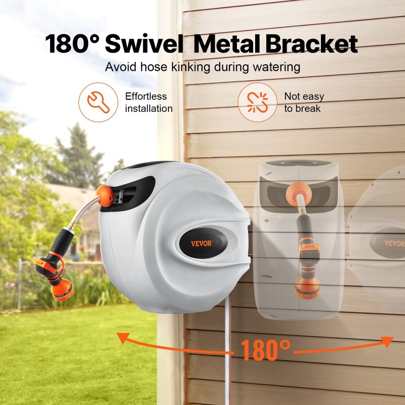 Puutarhaletkukela seinäkiinnitteinen sisäänkelaava 40 m 12 mm säätölukitus 9-asentoinen suutin 180-asteinen kääntyvä