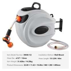 Puutarhaletkukela seinäkiinnitteinen sisäänkelaava 40 m 12 mm säätölukitus 9-asentoinen suutin 180-asteinen kääntyvä