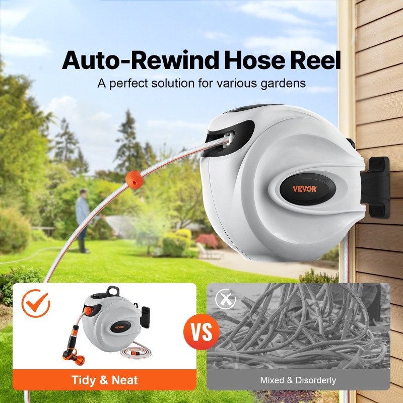 Seinäasennettava lukittava puutarhaletkukela kolmekymmentä metriä kaksitoista millimetriä automaattinen sisäänkelaus yhdeksän