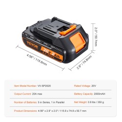 Litiumioniakku 20V 2000mAh sähkötyökaluille 20A enimmäislähtövirralla nopealla latauksella