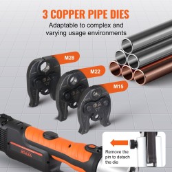 Akkukäyttöinen putkipuristin M15 M22 M28 leuoilla kahdella 18V 4.0Ah akulla