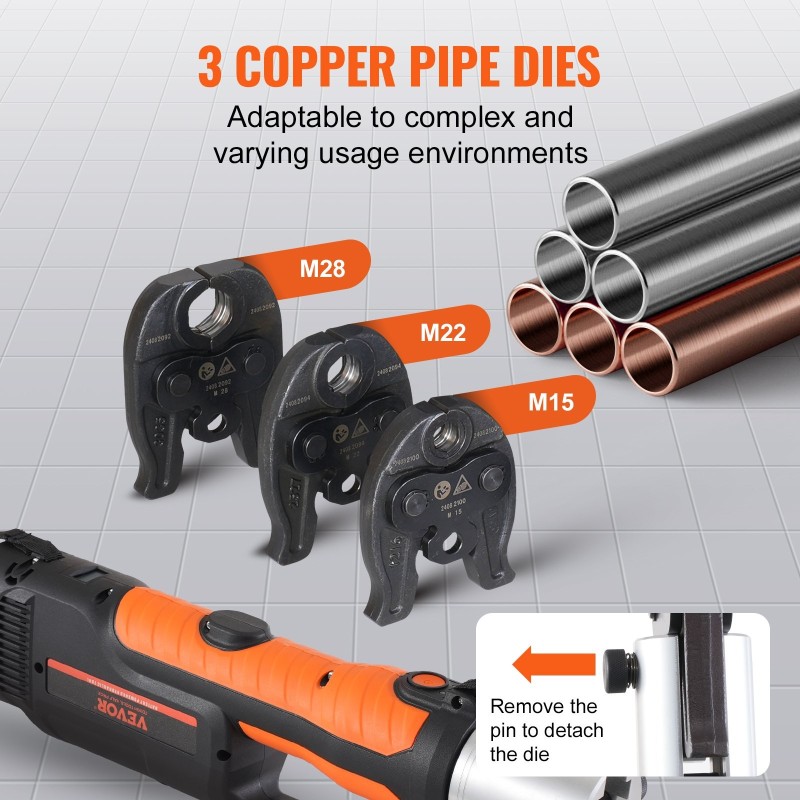 Akkukäyttöinen putkipuristin M15 M22 M28 leuoilla kahdella 18V 4.0Ah akulla