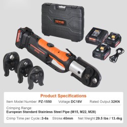 Akkukäyttöinen putkipuristin M15 M22 M28 leuoilla kahdella 18V 4.0Ah akulla