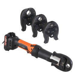 Akkukäyttöinen putkipuristin 18V kaksi 2Ah akkua kolmella puristusleualla