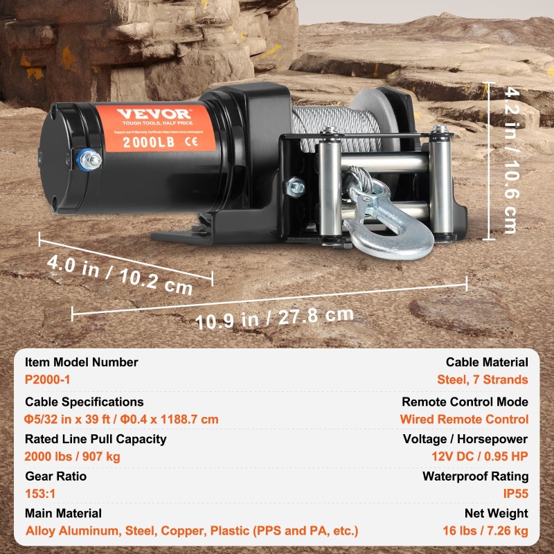 Sähkövinssi ATV ja UTV 907 kg 12V teräsvaijeri IP55 johdollinen kaukosäädin