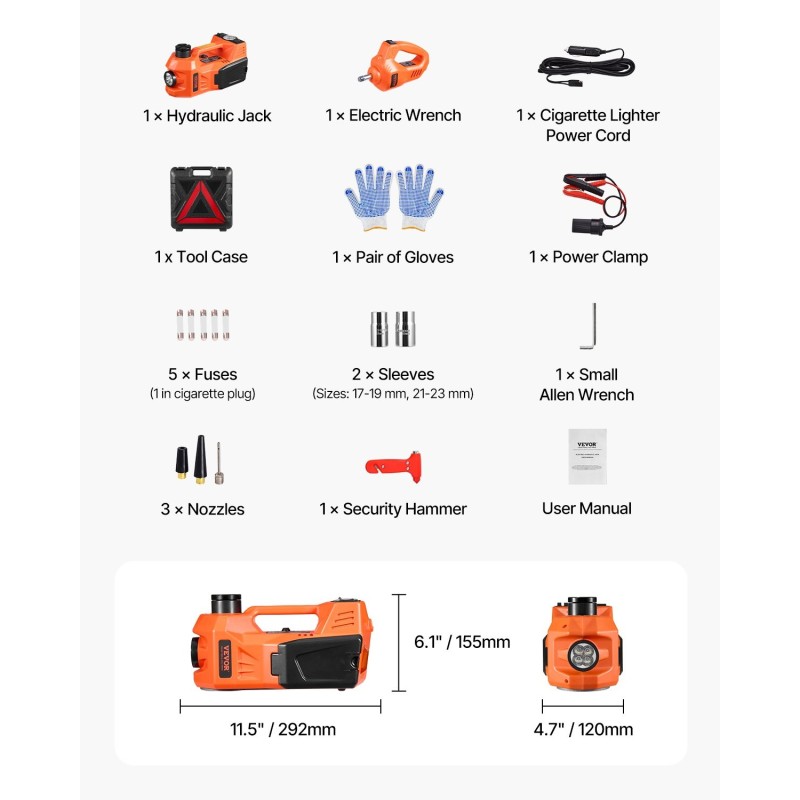 Sähköinen saksitunkki 5 tonnia 12V sisäänrakennettu rengaspumppu sähköinen mutterinväännin LED-valo
